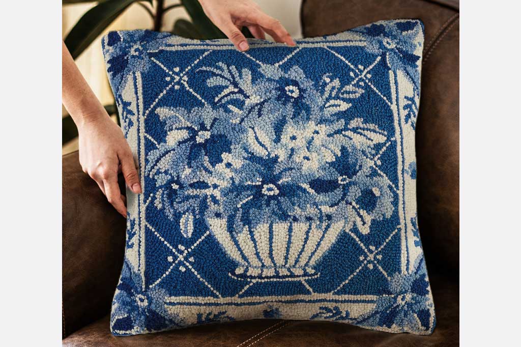 French Blue Floral Hooked Pillow