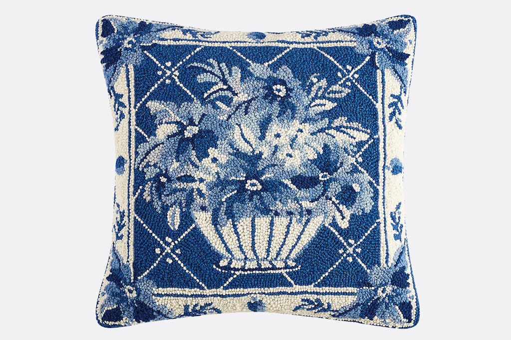 French Blue Floral Hooked Pillow