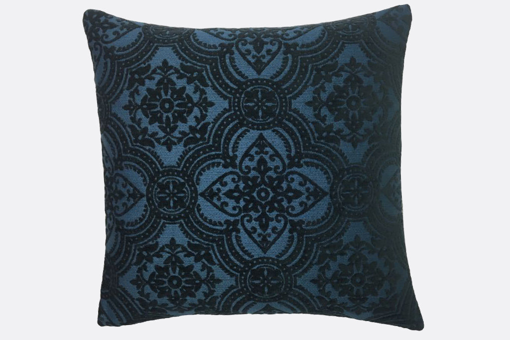 navy pillow with velvet with geometric tile design