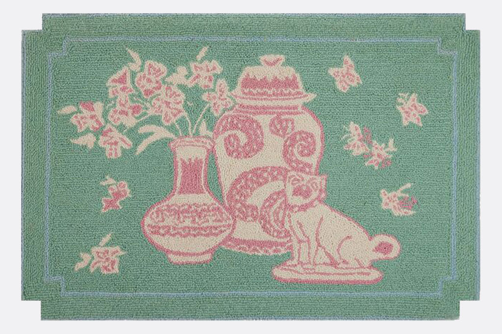 Hooked wool doormat/rug with notched corners, chinoiserie imagery in pastel green and pink