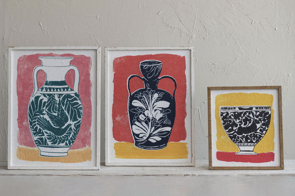 textured paper framed art set of 2 black and white urns, shown with smaller coordinating piece of a teacup