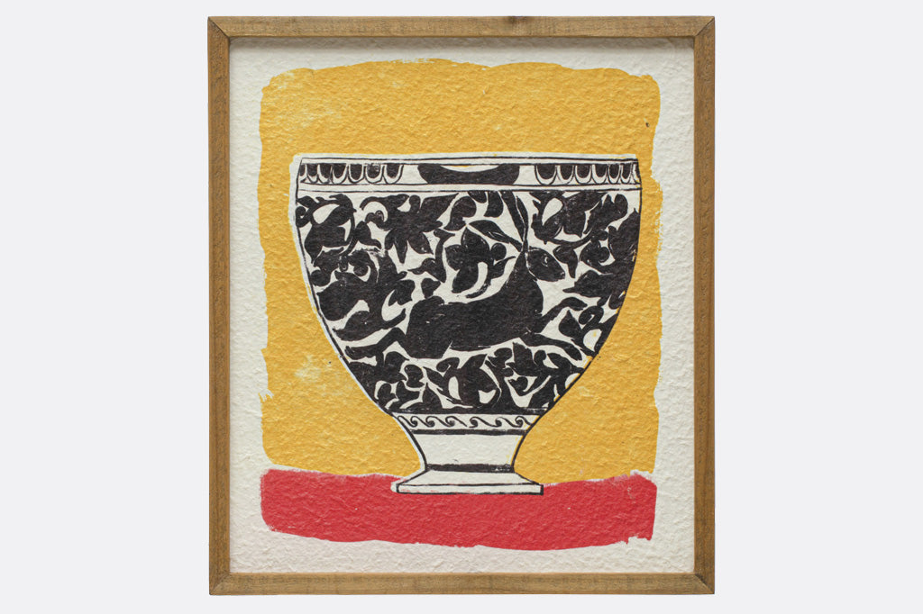 textural paper framed art print, no glass; black and white hare design on teacup shown on red and yellow background in wood frame
