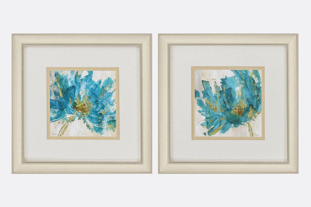 Blue Blossoms Set of 2 Framed Art, cream square frames