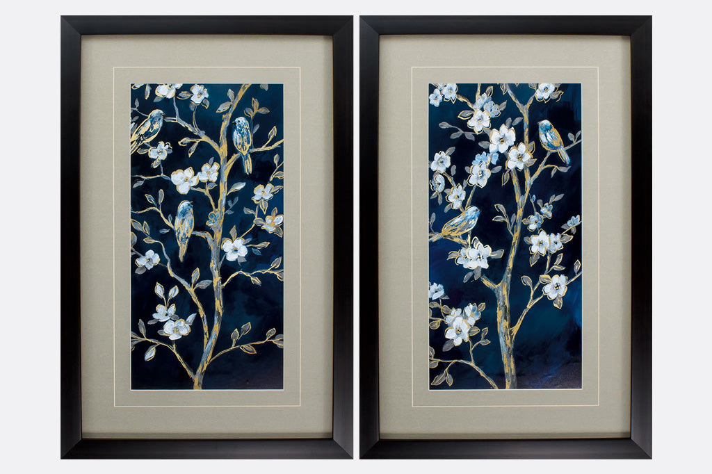 painting of floral tree with birds sitting on branch set of two paintings in wooden frames