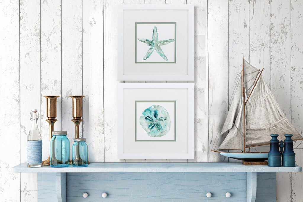 sand dollar and starfish water color grey and blue framed art