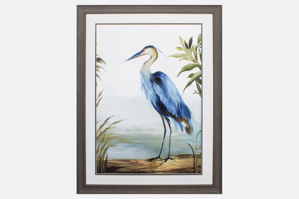 blue heron painting inside wooden frame