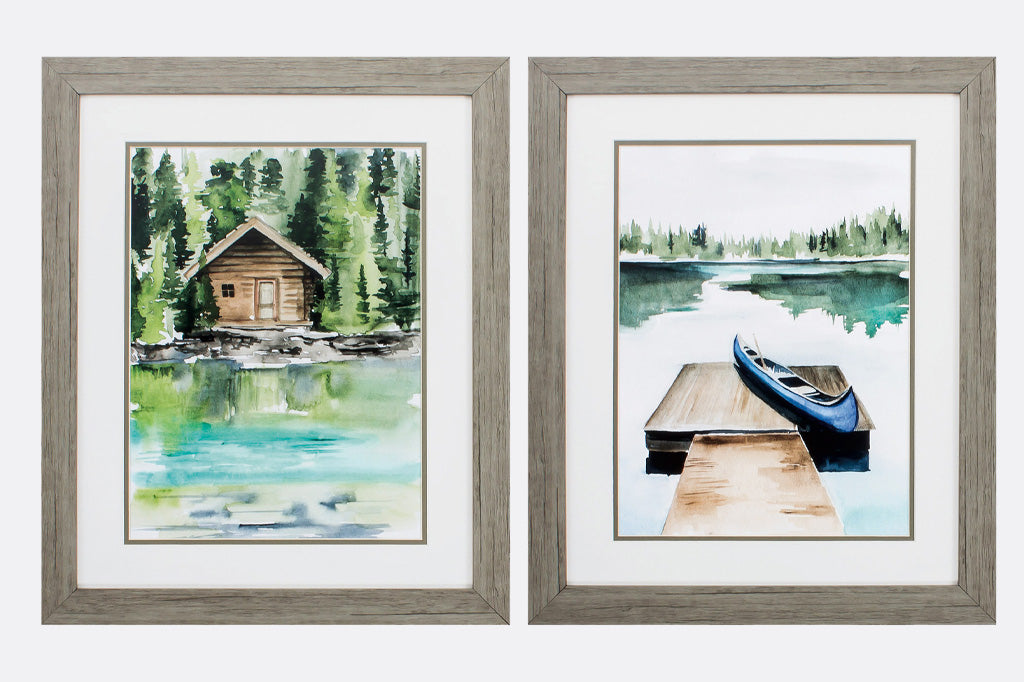farmed artwork of lake with canoe and cabin and lake