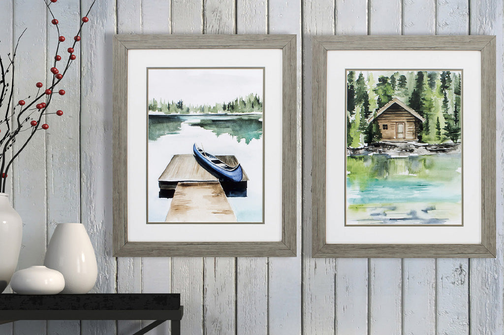 farmed artwork of lake with canoe and cabin and lake
