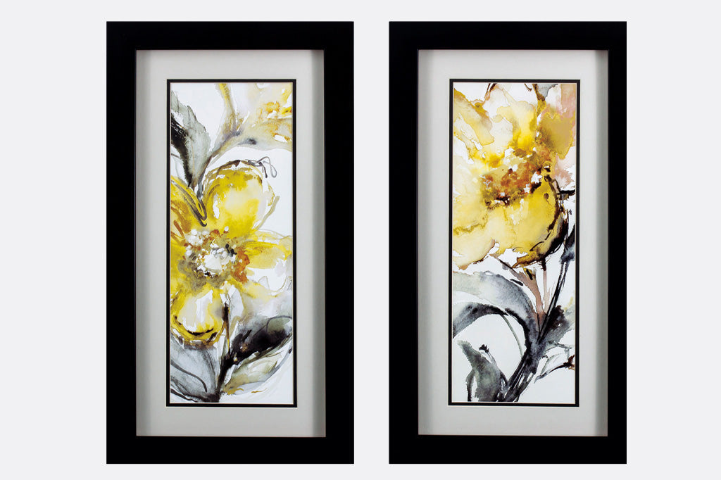 black framed art with yellow impressionist style flowers, vertical style pair of 2