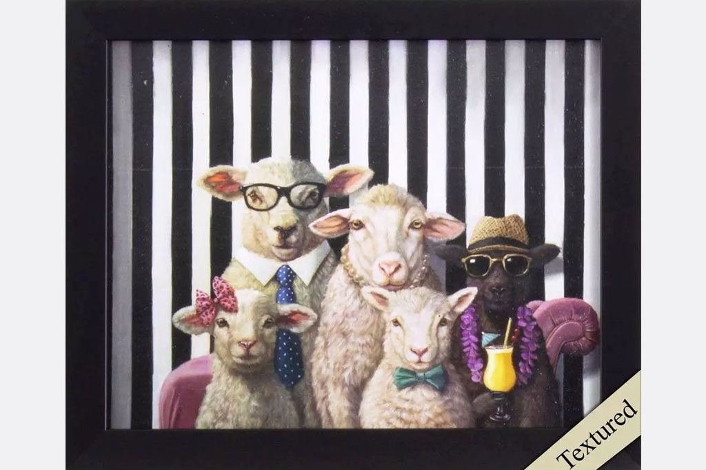 framed art of sheep family in human clothing