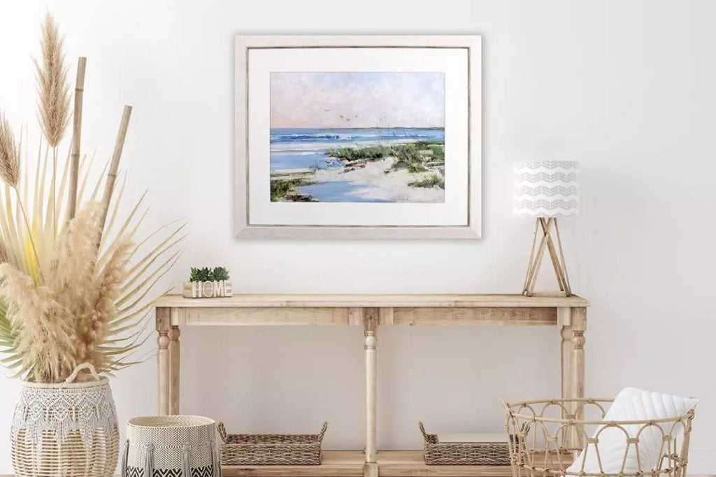 beach scene framed art on bohemian room