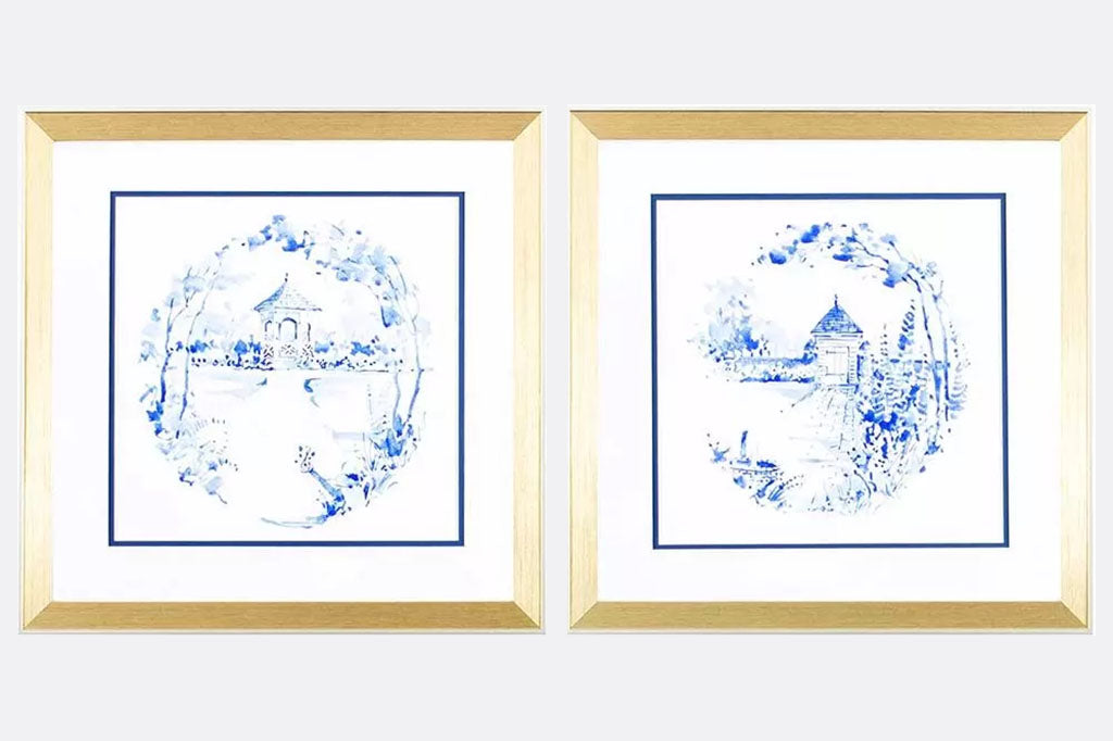 Delft-style white and blue framed art print , subtle watercolor style detailing of gazebos in a garden
