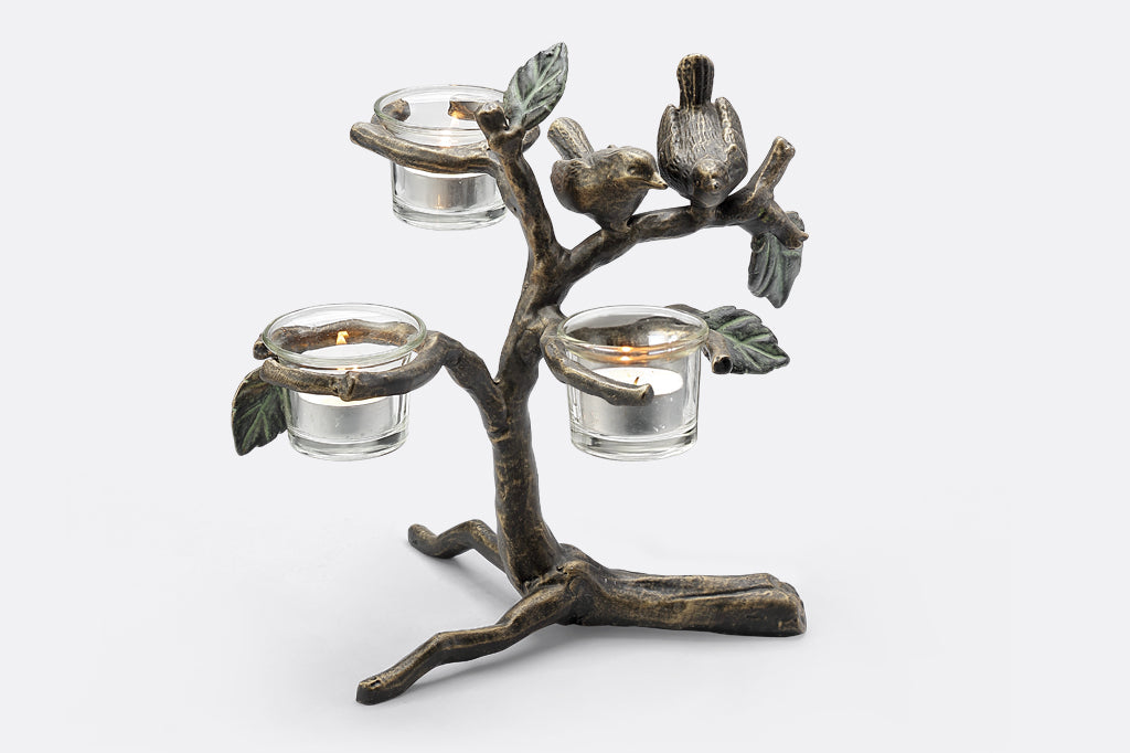small bird and branch table candelabra with 2 birds, holds 3 tealights in glass cups
