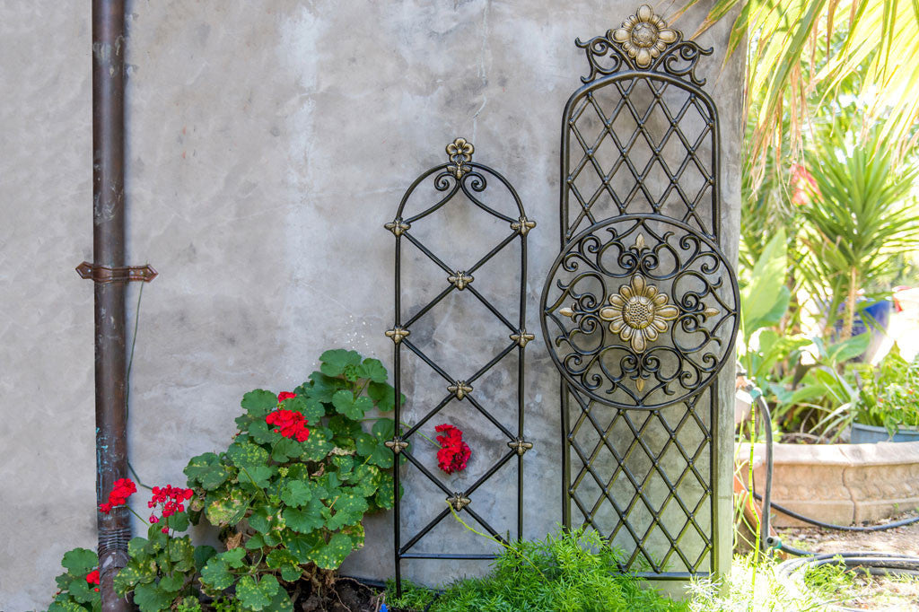 Girasole Garden Trellis shown next to Abeille trellis in yard