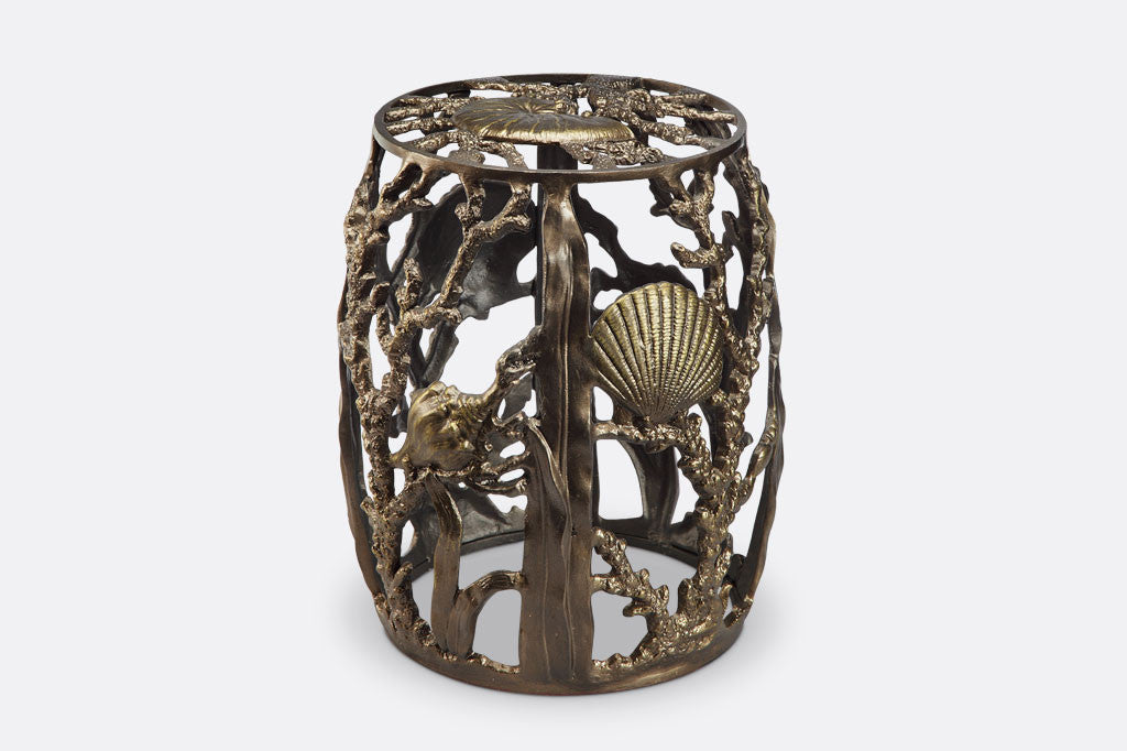 Under The Sea Garden Stool in bronze finish showcases sculptural seashells and coral motif
#color_bronze