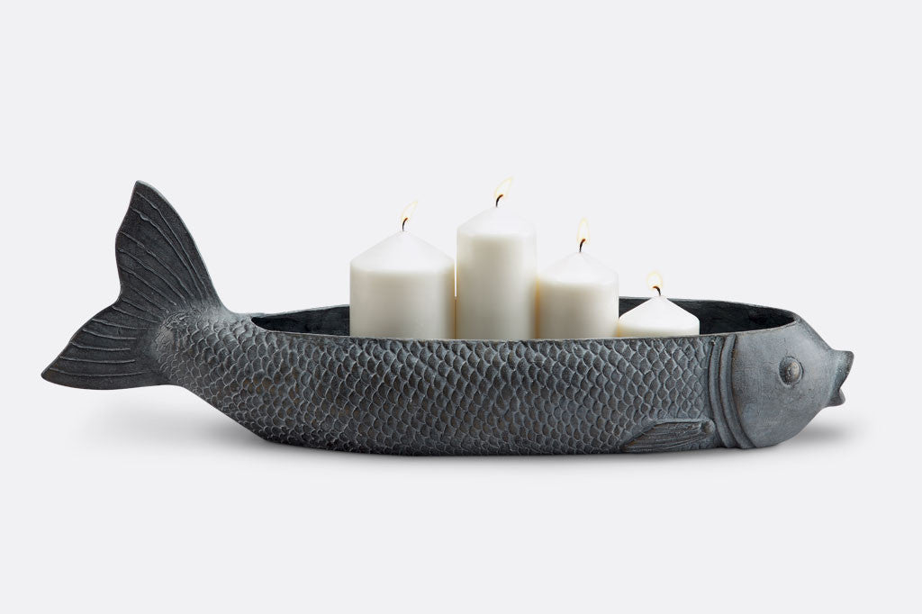 Fish Candleholder with 4 pillar candles, lit