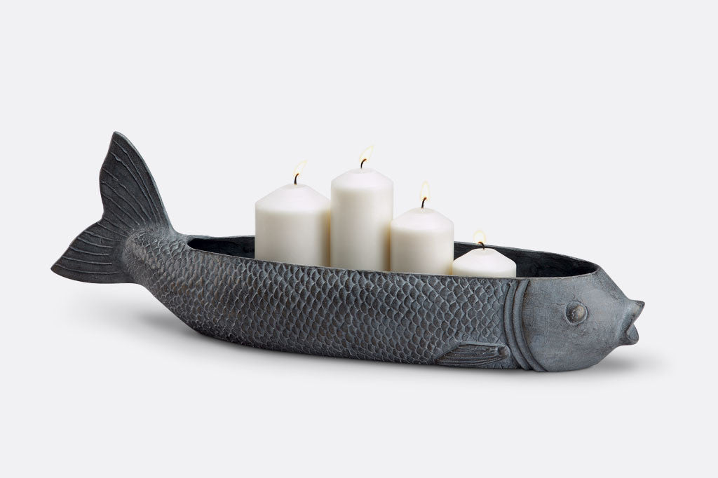 Fish Candleholder with 4 pillar candles, lit