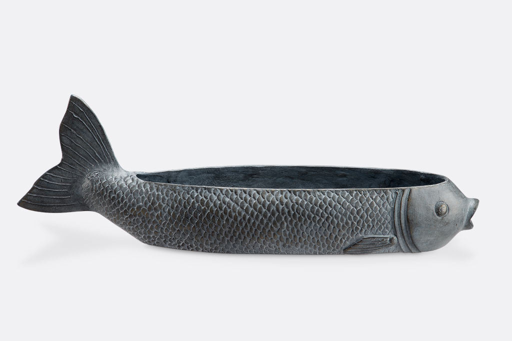 Fish Candleholder in zince finish, horizontal orientation