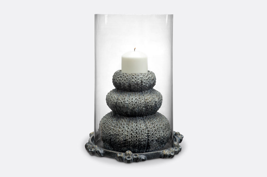 Sea Urchins Hurricane with white pillar candle