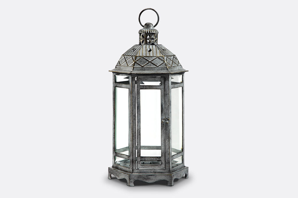 Sea Ranch Lantern in zinc finish with architectural style roof and 6 panes of glass