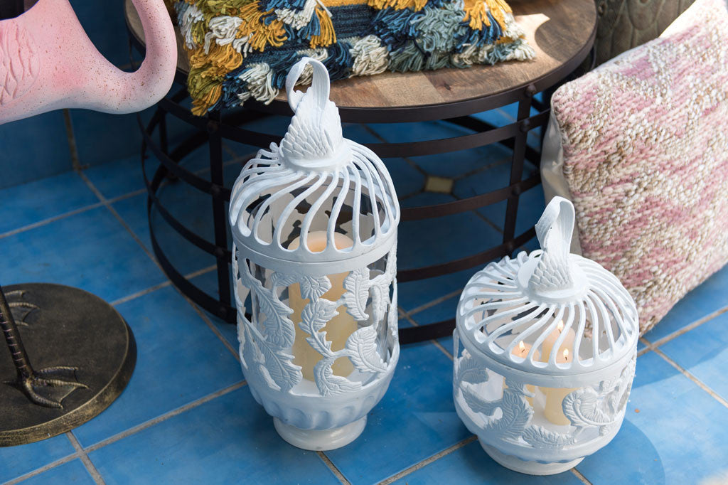 white cast metal lantern short and tall on porch
#color_white