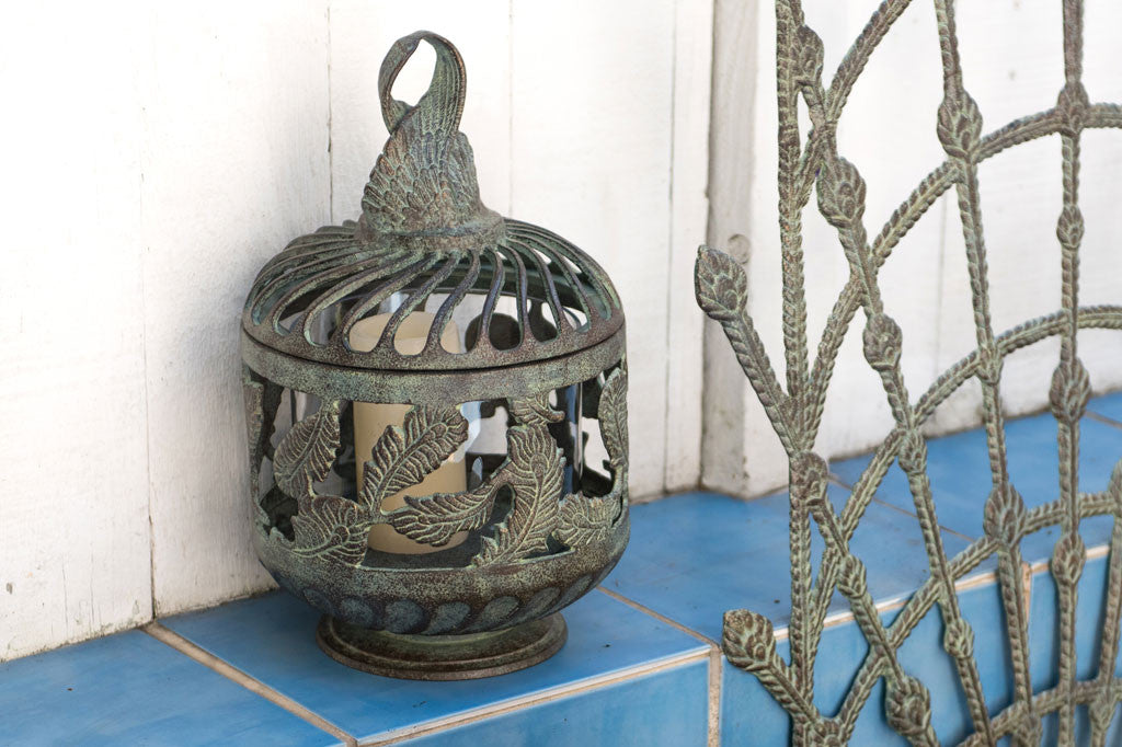 Silvery cast metal short lantern with candle
#color_Verdigris