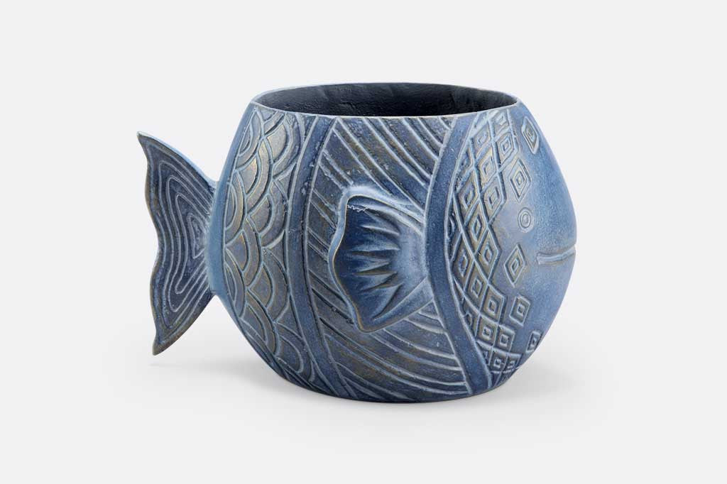 cast metal blue fish shaped planter