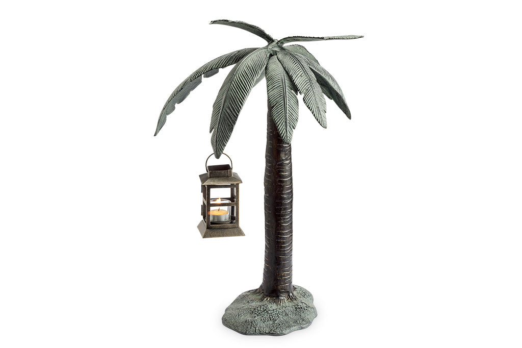 votive candle lantern shaped like a free-standing palm tree, slightly curved to one side