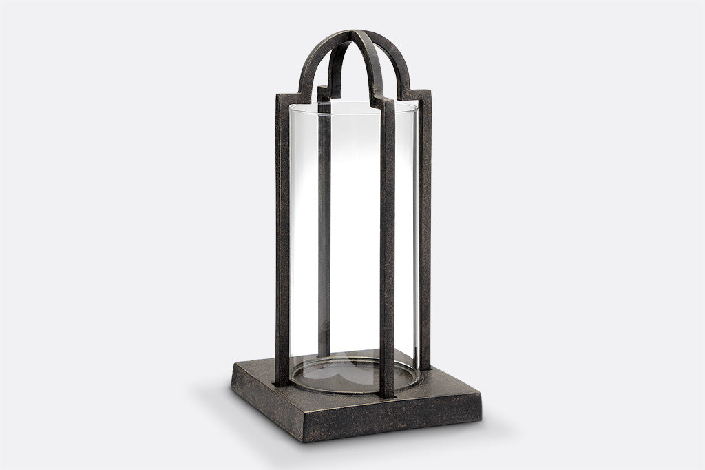 cast metal and glass lantern, geometric square base