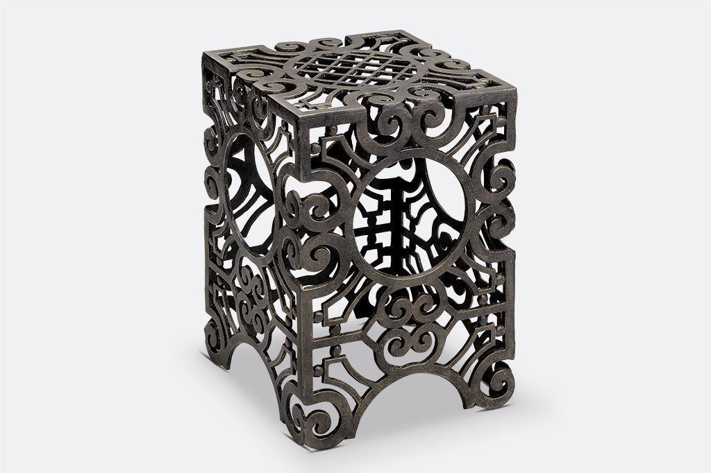 Rectangular stool featuring Capistrano scrollwork, backside view without the bird sculpted in circular opening
#color_Espresso Bronze