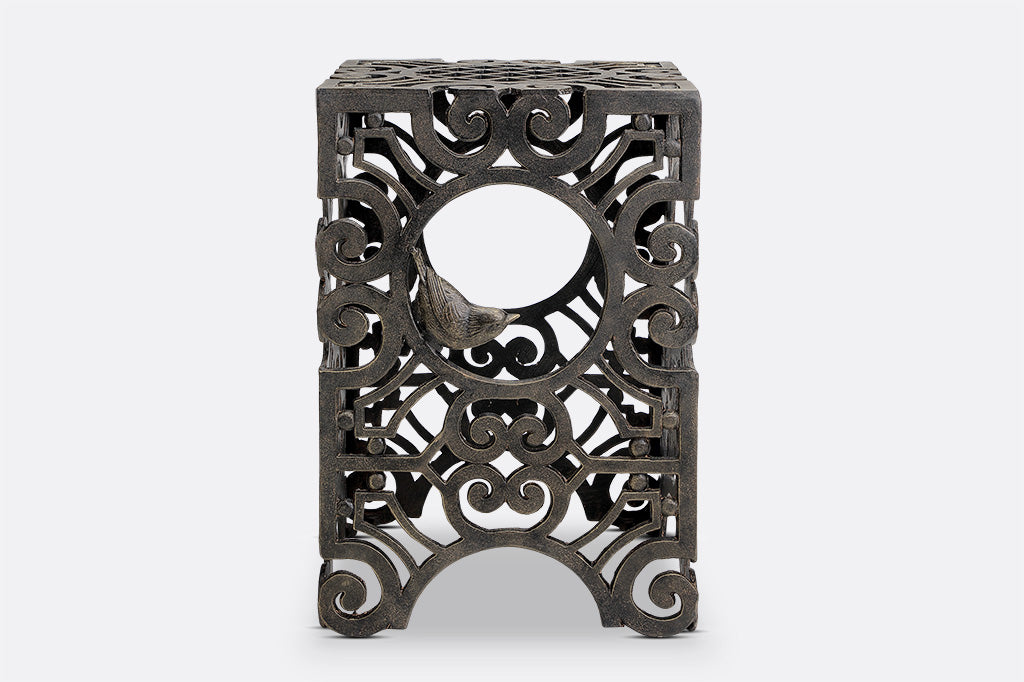 Rectangular stool featuring Capistrano scrollwork and swallow bird sculpted in circular opening
#color_Espresso Bronze