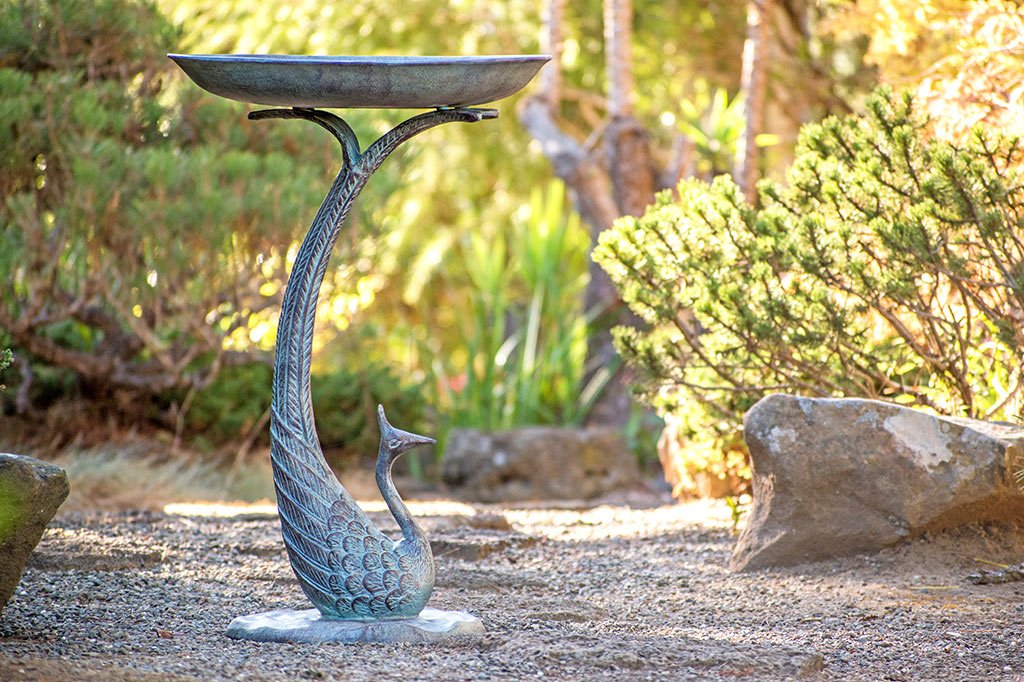 cast metal peacock bird bath set in garden