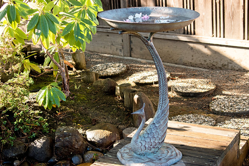 cast metal peacock bird bath, with feathers creating the base of the bird bath