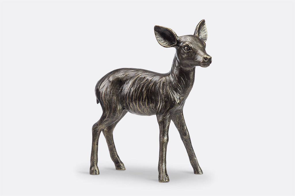 cast metal fawn sculpture face right