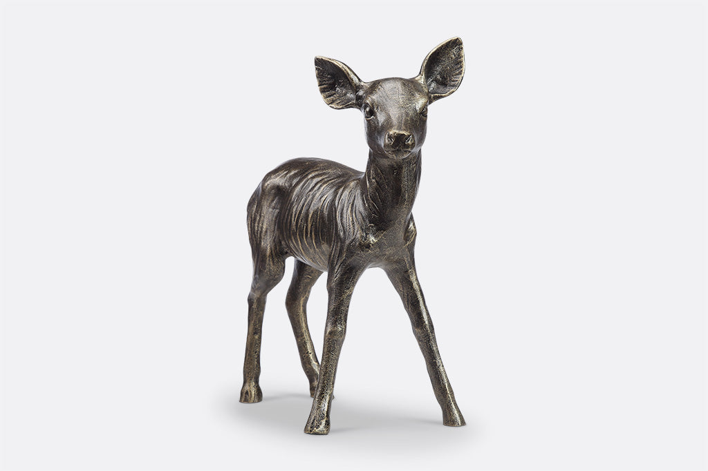 cast metal fawn sculpture front view showing off big ears and stance