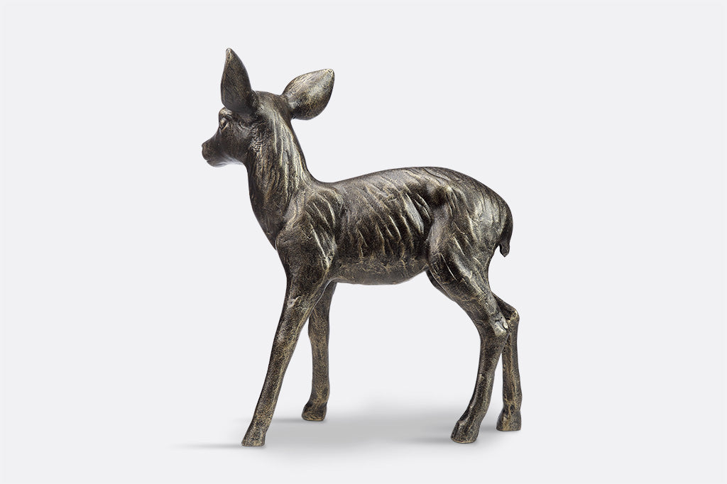 Back view of cast metal fawn, show texture of fur