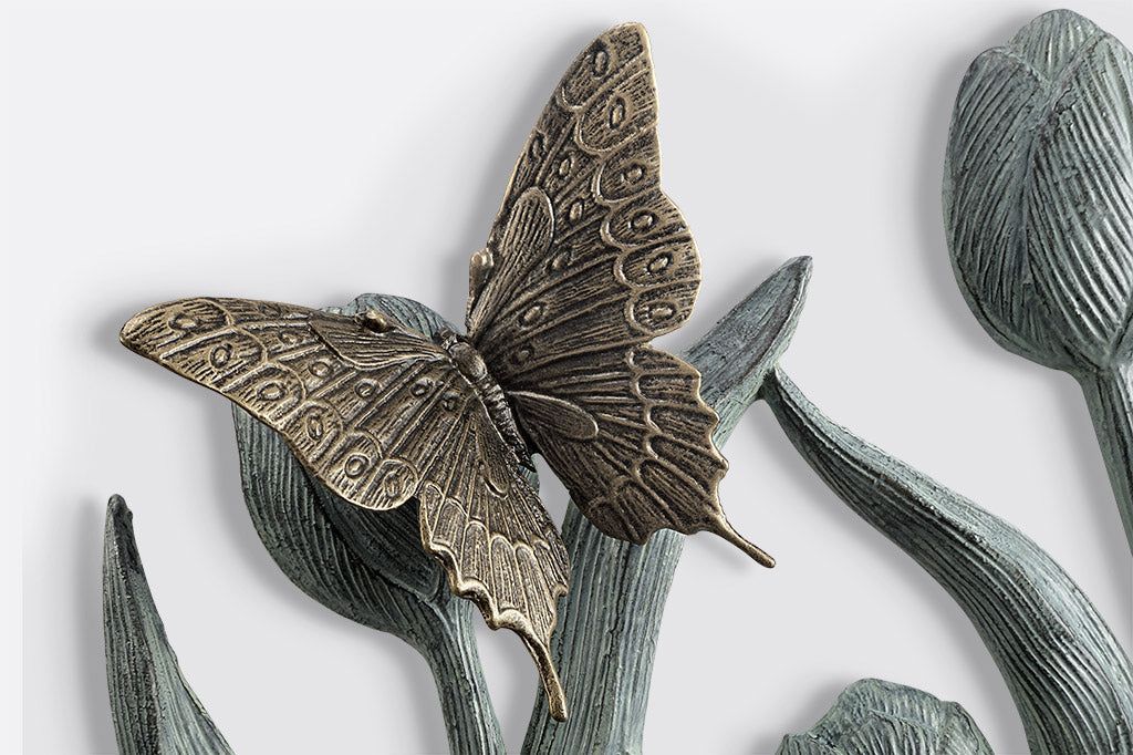 tulip wall sculpture, detail view of butterfly