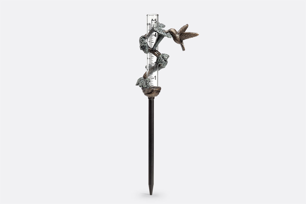 Small rain catcher with sculpted holder of hummingbird and trumpet flower