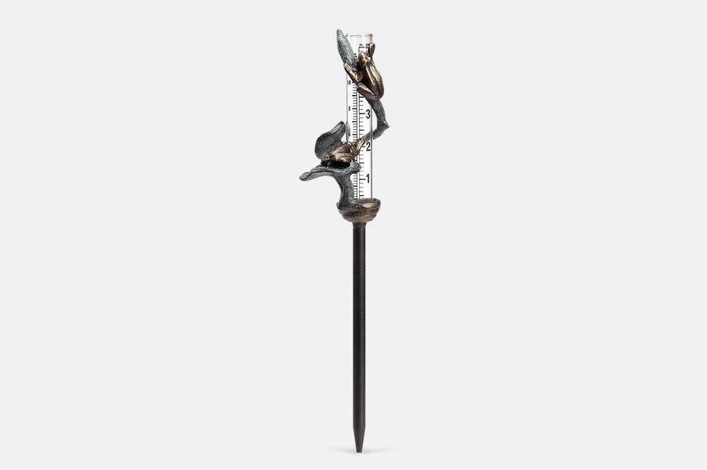 cast metal decorative rain catcher, sculptured toads on lily pads wrapped around glass beaker.