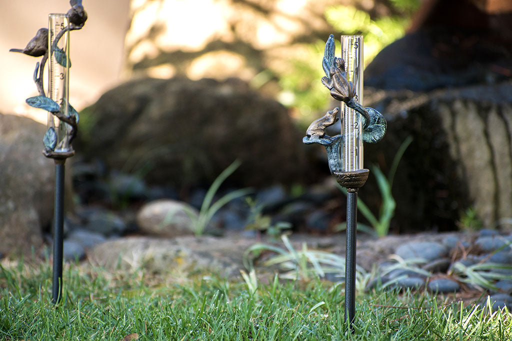 cast metal decorative rain catcher, sculptured toads on lily pads wrapped around glass beaker. Set in garden scene