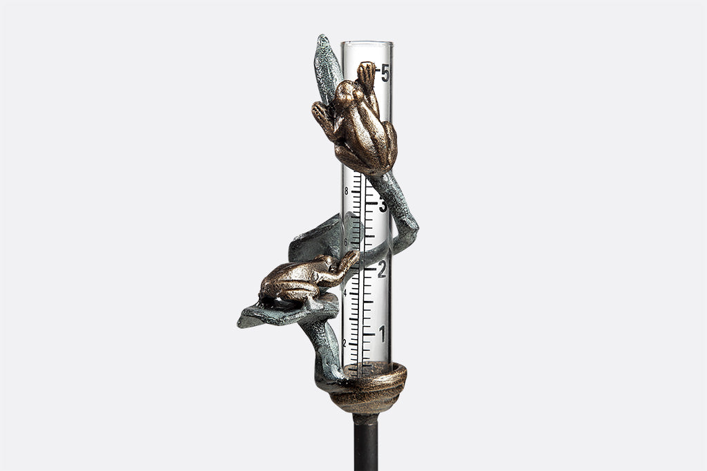 cast metal decorative rain catcher, sculptured toads on lily pads wrapped around glass beaker.