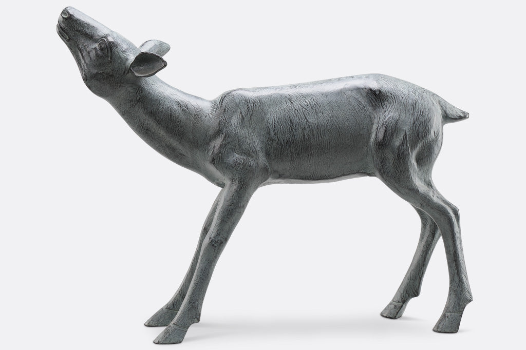 zinc finish on sculpted garden art of doe stretching her neck upwards