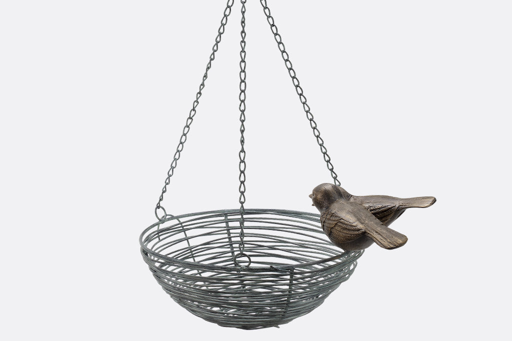 hanging plant basket shaped like nest with two sparrow perched