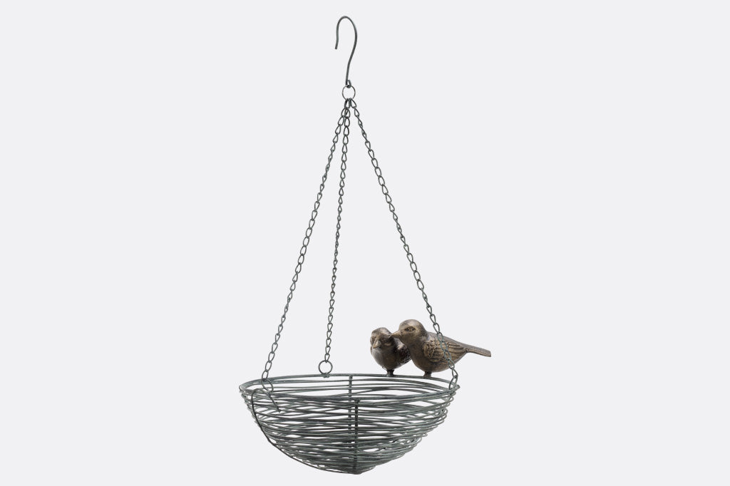 hanging plant basket shaped like nest with two sparrow perched