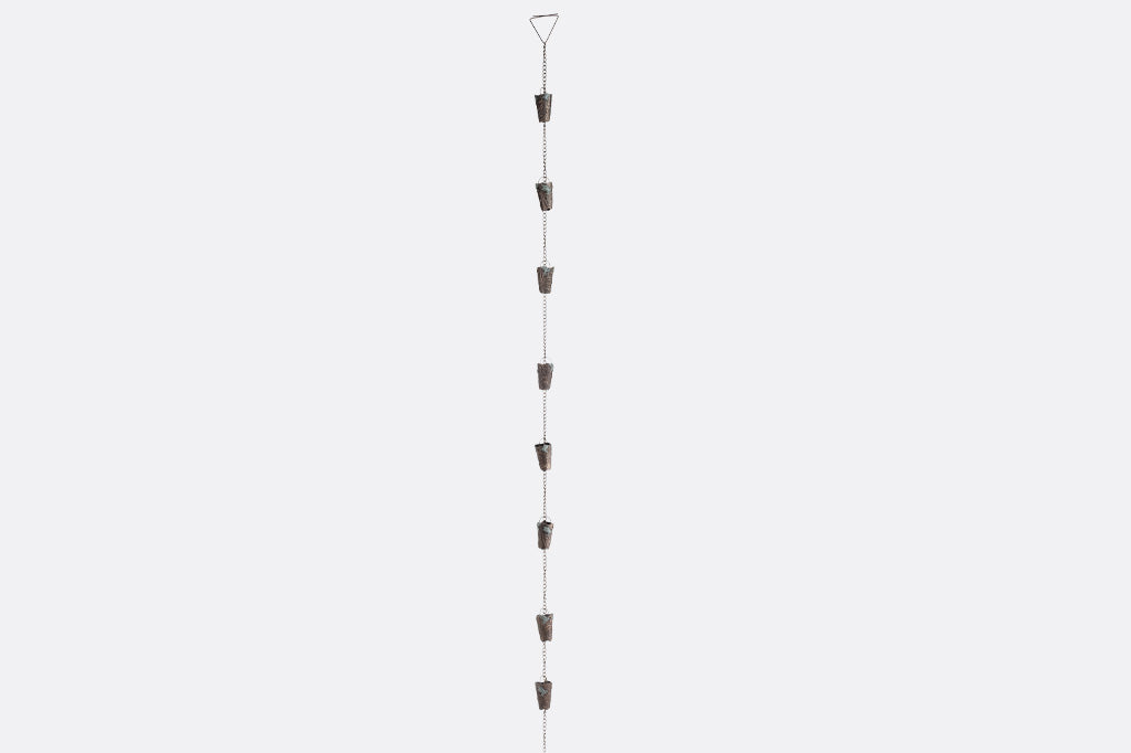 8 rain cups attached to a long rain chain shown in complete view