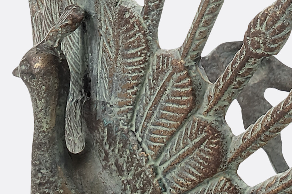 close-up view of sculpted peacock
