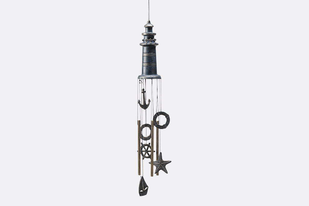 lighthouse wind chime ; nautical theme hanging pendants: life ring, anchor, sailboat, ship wheel, seastar