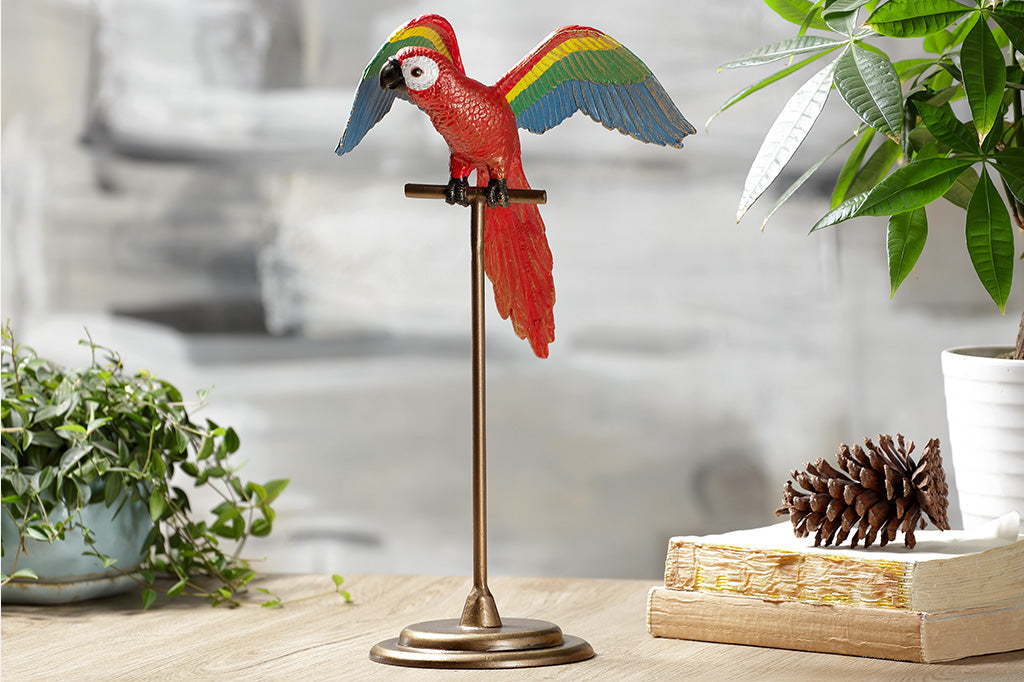 red parrot with rainbow wings, on metal base