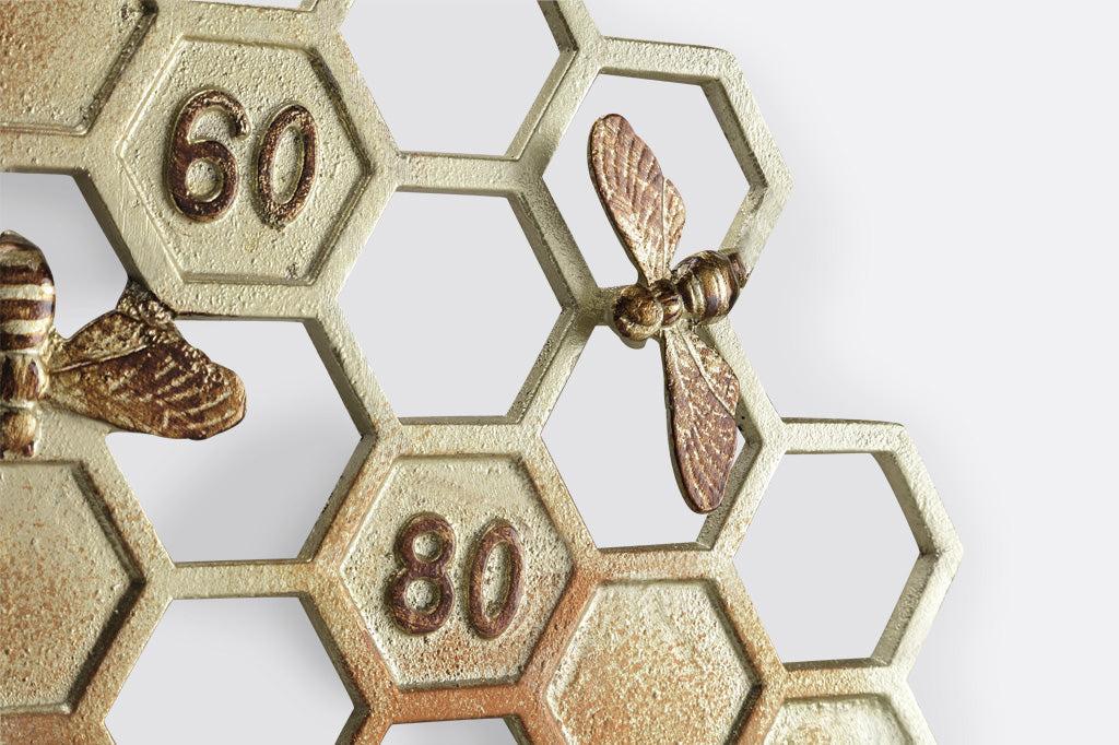 close up of sculpted metal be by thermometer number 80