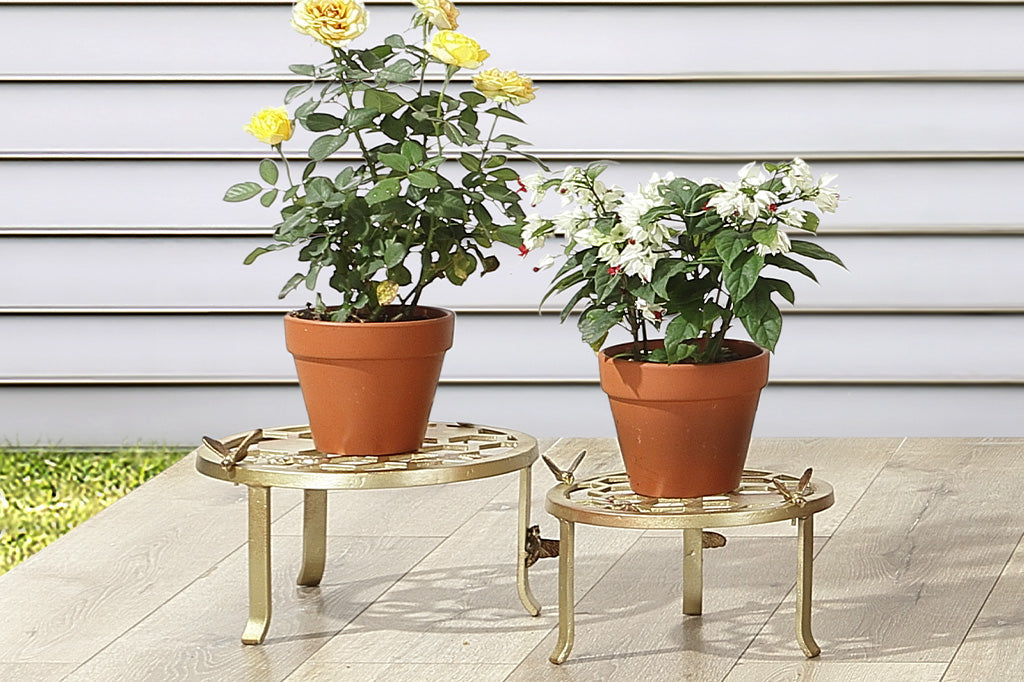 Two plant stands showing honeycomb and bee motif, one large and one small, shown outside home with potted plants